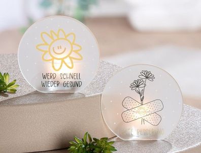 Teelichthalter aus Glas mit Spruch Gute Besserung, 2 Stueck sortiert, 5x9,5x10cm- fue