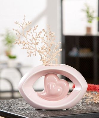 Keramik Blumenvase in Herzform, Rosa, Oval, 16 x 6 cm, Dekorative Tischvase