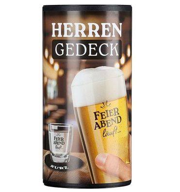 Herrengedeck, 4 teilig, Feierabend laeuft, Bierglas, Schnapsglas, 2 Filz Untersetzer