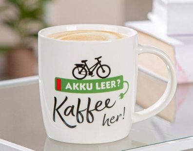 Kaffeetasse mit Spruch "Akku leer? Kaffee her!", - Geschenke fuer Fahrradfahrer