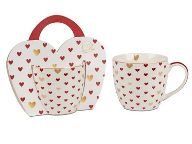 Porzellan-Becher rote Herzen 460ml, 10x9cm hoch, im Herz Geschenkkarton