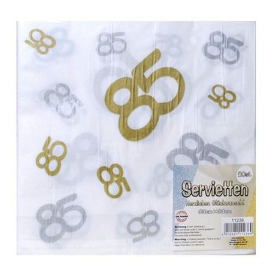 Servietten zum 85. Geburtstag, silber/gold, 20-tlg. Aus Papier, 33x33cm