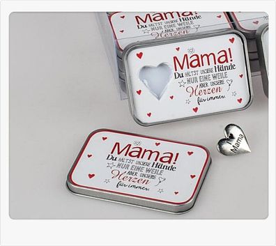 Kleines Metallherz in Dose mit Spruch fuer Mama