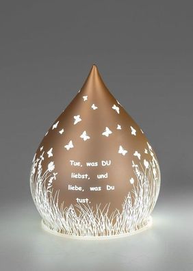 Deko-Tropfen in Frosty-Gold mit LED-Licht + Timer 13cm aus Farbglas mit Spruch: ue wa