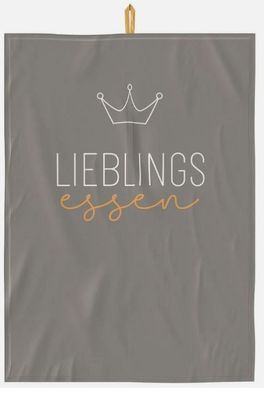 Geschirrtuch Lieblingsessen, Kuechenhandtuch mit Kronen-Design, Grau mit Goldener Sch