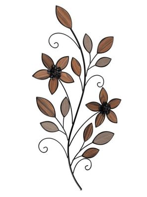 Extravagante Wanddeko Blume 43 x 80cm aus mattem, schwarzem Metall mit Holz kombinie
