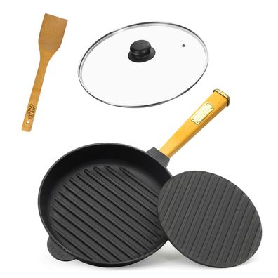 26cm Grillpfanne Gusseisen mit Pressdeckel Glasdeckel Pfannenwender Induktion
