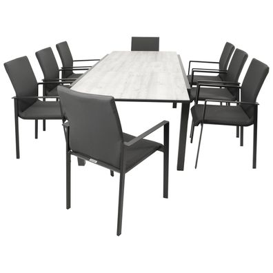 Garnitur Sitzgruppe 9-teilig, Aluminium + Kunstgewebe anthrazit, Tischplatte Glas