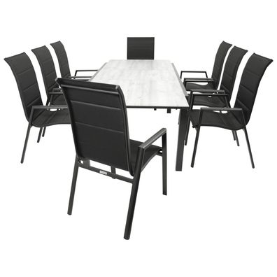 Garnitur Sitzgruppe 9-teilig, Aluminium anthrazit + Kunstgewebe schwarz, Tischplat