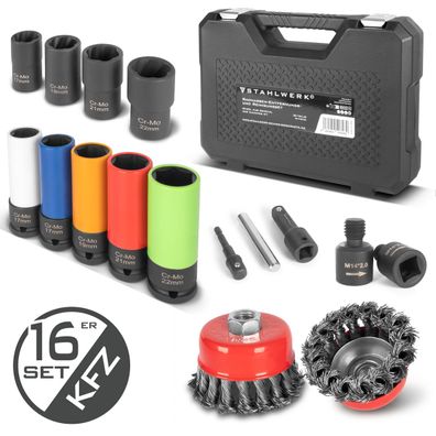 Stahlwerk 5 KFZ Stecknüsse 4 Ausdrehnüsse 17 22 mm 1/2" 2 Topfbürsten 16 Teile