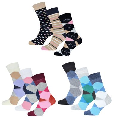 3 Paar Damen & Herren Socken Baumwolle Karo, Ringel, unkte Bequeme Freizeitsocken Neu