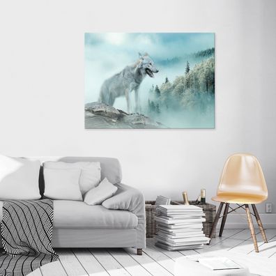 Leinwandbild Landschaft Wolf Wald Leinwand Bilder Wanddeko Wohnzimmer Schlafzimmer
