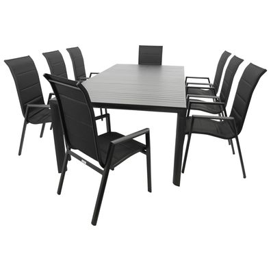 Garnitur Sitzgruppe 9-teilig, Aluminium anthrazit + Kunstgewebe schwarz, Tischplat