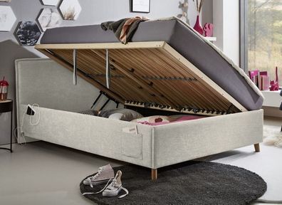 Polsterbett mit Bettkasten Lattenrost 3 Größen Jugendbett USB-Anschluss Beige