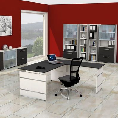 Winkelschreibtisch Neapel mit Wangengestell 160x180, 180x180, 200x220 x68-82cm