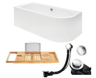 Badewanne Rechteck 170x75 AVITA Links Acrylschürze Bambus Ablage Ablauf und Füße