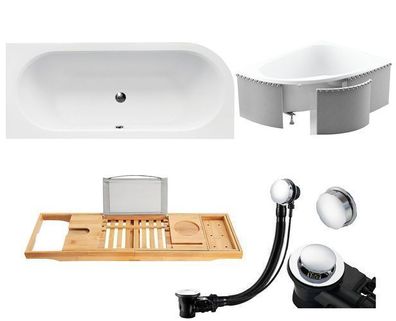 Badewanne Rechteck 170x75 AVITA Links Styropor Bambus Ablage Ablauf und Füße