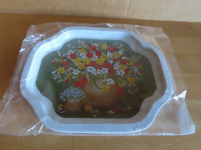 kleines Tablett aus Blech weiß mit Motiv Blumen ca. 19,5x16cm