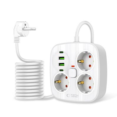 Tech-Protect PCS3X4 Steckdosenleiste, 3 Steckdosen, 2xUSB-A, 2xUSB-C 200 cm - Weiß