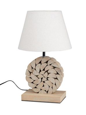 Dekorative Tischlampe mit Holz-Natur Kreis Design, 42cm, Beige Lampenschirm, Tischleu