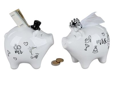 Formano 2 Stueck Spardosen Sparschein 15cm Hochzeit, Mr. &Mrs. weiss m. gold, Porzell
