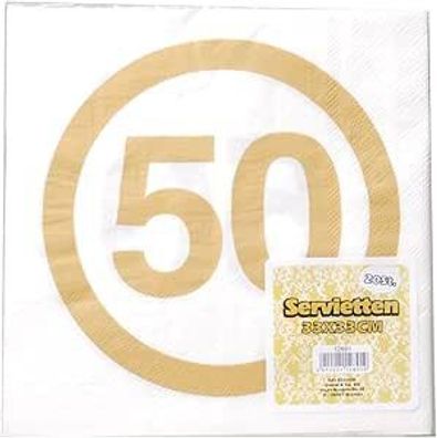 Servietten Gold im Warnschild Design mit Aufdruck"50" 20 Stck. Masse 33x33cm