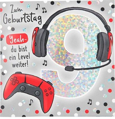 Zahlenkarte zum 9. Geburtstag mit Musik, veredelte Klappkarte mit originellem Innent