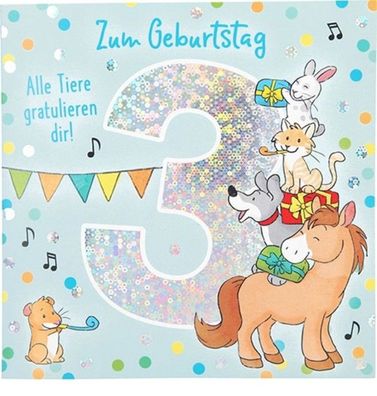 Zahlenkarte zum 3. Geburtstag mit Musik, veredelte Klappkarte mit originellem Innent