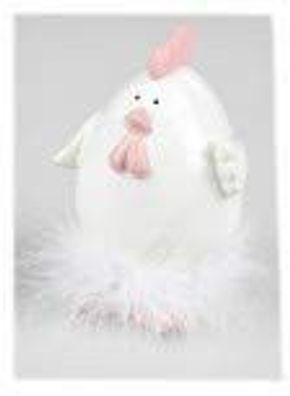 Huhn weiss-rosa 10x14cm aus glasierter Keramik mit Glitter und Federn