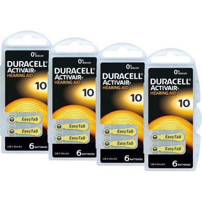 4x Duracell 10 Hörgerätebatterien Batterien Knopfzellen 1,45V Activair 6er Blister
