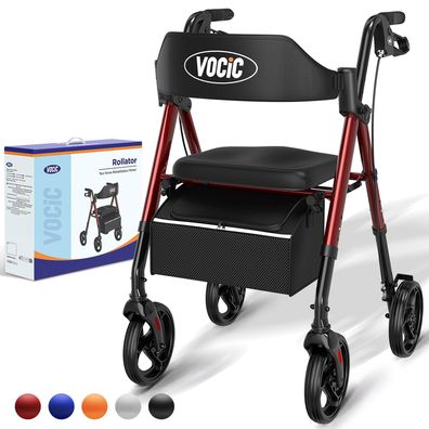 VOCIC Rollator faltbar leicht mit Sitz 20 cm Räder höhenverstellbar rot