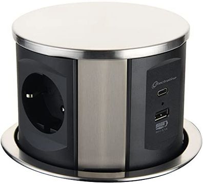 Electraline Tischsteckdose versenkbar 3-fach mit 2 USB 2m Kabel Defekt