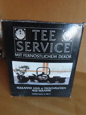 Tee-Service mit fernöstlichem Dekor schwarz Keramik Kanne + 6 Teegefäße