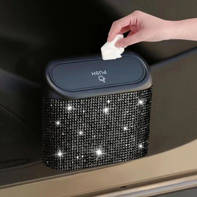 Rhinestone Decor Artificial Leather Car Trash Can with Automatic Lid