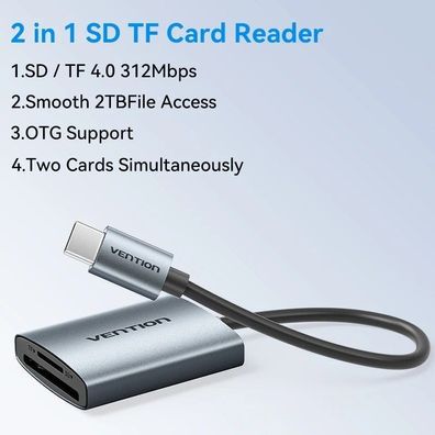 Vention SD 4.0 Card Reader, 312Mbps USB 3.0 Type-C to SD/Micro/TF OTG Adapter for iPh