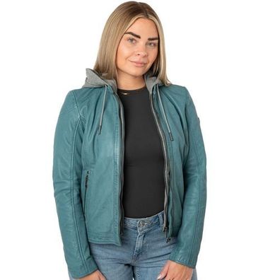 Mauritius - Damen Lederjacke Lammnappa Kapuze helles türkis