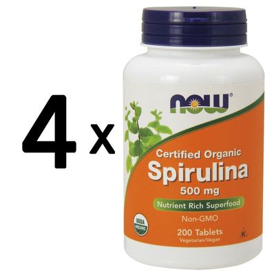 4 x NOW Foods Spirulina Certified Organic, 500mg - 200 tabs