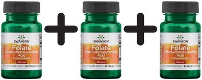 3 x Swanson Folate (5-Methyltetrahydrofolic Acid), 800mcg - 30 vcaps