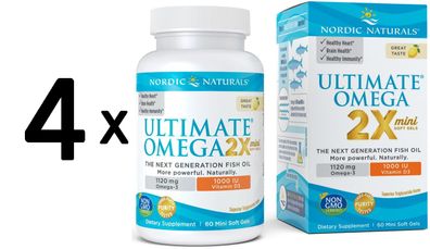4 x Nordic Naturals Ultimate Omega 2X Mini with Vitamin D3, 1120mg Lemon - 60 softgel