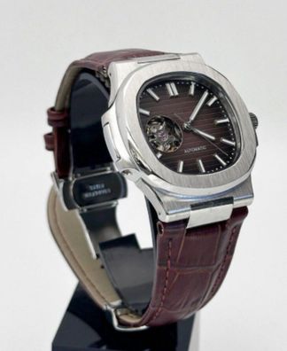 Armbanduhr Nautilus Braun Open Dial Stahl Lederarmband 41mm Automatik Luxusuhr