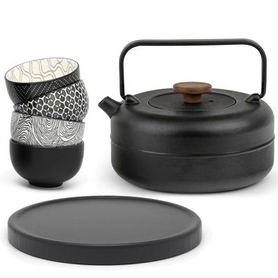 Bredemeijer Guss Teekanne 0,75 Liter schwarz Tee-Set Untersetzer 4 Becher Filter