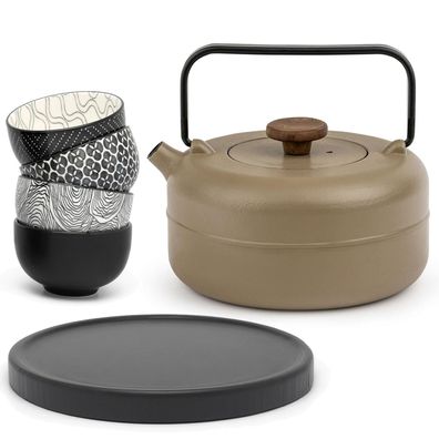Bredemeijer Teekanne 0,75L Gusseisen Beige Kanne Holzuntersetzer 4 Becher Filter
