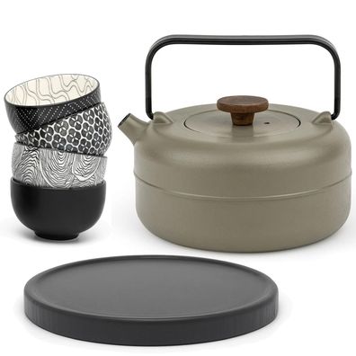 Bredemeijer Gusskanne 0,75 Liter Khaki-Grün Teekanne Untersetzer 4 Becher Filter