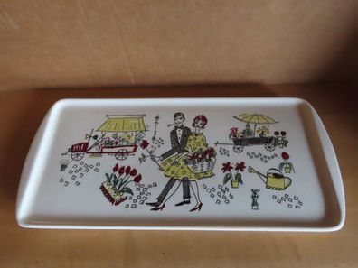 Servierplatte Stollenplatte Dom-Keramik Motiv Leute auf einem Markt Staffel-Limburg