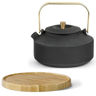 Bredemeijer Guss Teekanne 1,0 Liter schwarz Kanne & Untersetzer braun Teefilter