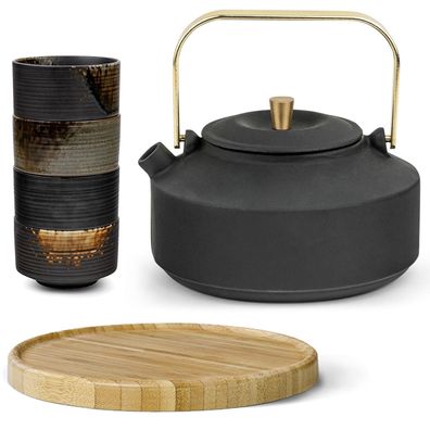 Bredemeijer Teekanne Set 1 L schwarz Kanne 4 Becher Untersetzer braun Teefilter