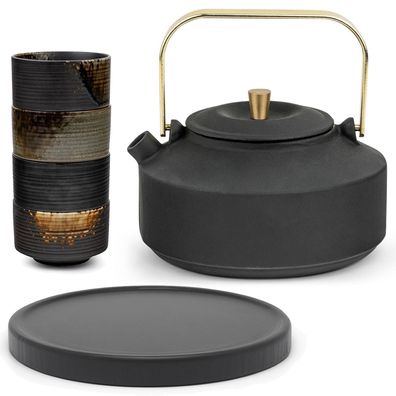 Bredemeijer Teekanne Set 1 L schwarz Kanne mit Untersetzer 4 Teebecher Teefilter