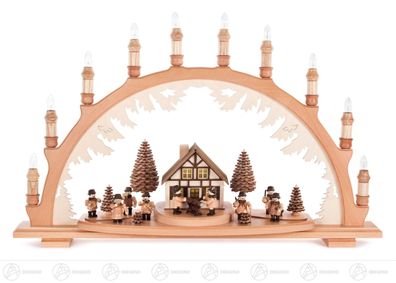 Schwibbogen mit Forsthaus und Waldleuten, elekt. beleuchtet, innenbel. Gebäude