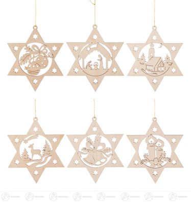 Baumschmuck Behang Weihnachtsmotive im Stern, Satz 1 (6) B= x H=ca 8,5 cmx8,5 cm