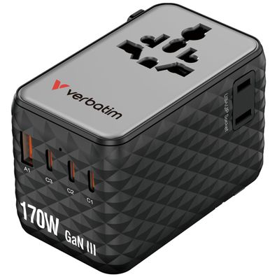 Verbatim GaN III Universal Reiseadapter 170W mit 3× USB-C und USB Schwarz